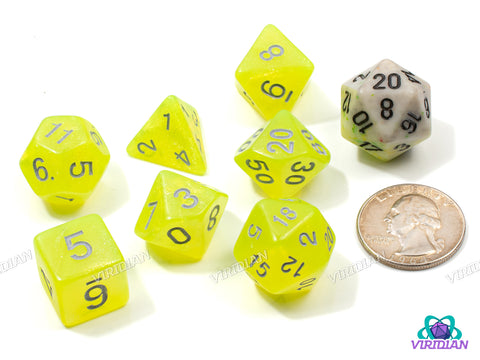 Sparkling Banana | Glittery Neon Yellow-Green, Silver Ink | Acrylic Dice Set (7)