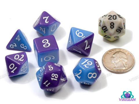 Magician's Twilight | Half Purple, Half Light Slate Blue, White Script Font | Acrylic Dice Set (7)