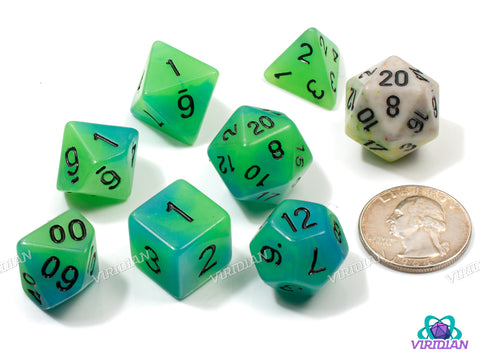 Bioluminescent Bay (Glow in the Dark) | Neon Green & Blue Swirls | Acrylic Dice Set (7)