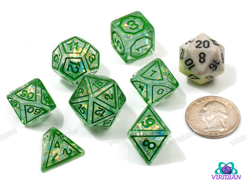 Green Magic Stone | Light Green Translucent, Frame Design, Holographic Film | Resin Dice Set (7)