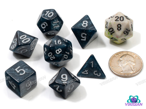 Dead of Winter | Deep Dark Blue-Black with Glittery Swirls, Silver Ink | Acrylic Dice Set (7)