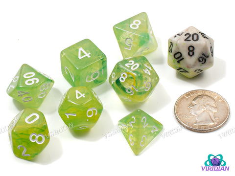 Lush Wind | Nebulous Light Green & Light Yellow Smoke Swirls | Acrylic Dice Set (7)