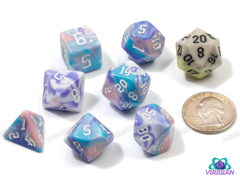 Fairy Floss Redux | Pastel Pink, Blue, Purple, & White Swirled | Acrylic Dice Set (7)