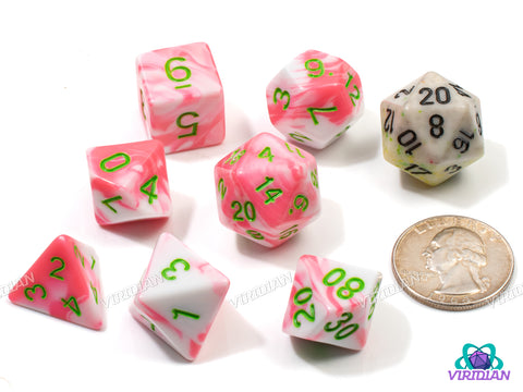 Watermelon Taffy | Bright Pink & White Swirl, Green Ink | Acrylic Dice Set (7)