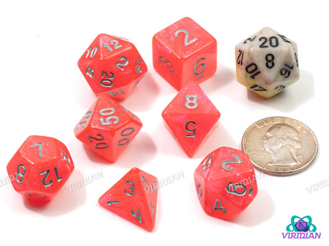 Strawberry Desire | Glittery Neon Red-Pink, Pearled, Blacklight Reactive | Acrylic Dice Set (7)