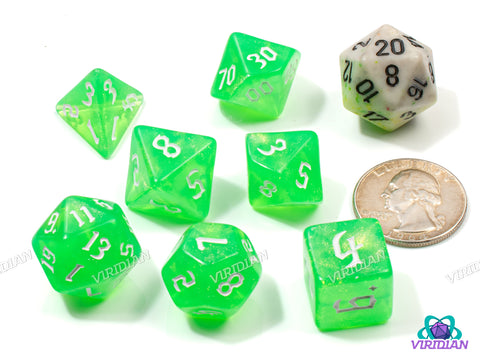 Extra Radiation | Neon Atomic Lime with Glittery Swirls | Acrylic Dice Set (7)