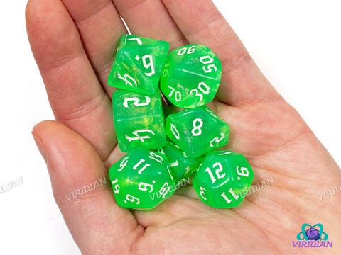 Extra Radiation | Neon Atomic Lime with Glittery Swirls | Acrylic Dice Set (7)