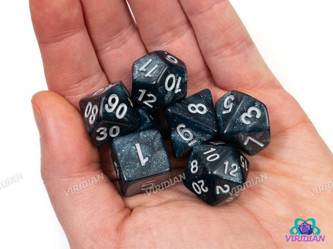 Dead of Winter | Deep Dark Blue-Black with Glittery Swirls, Silver Ink | Acrylic Dice Set (7)