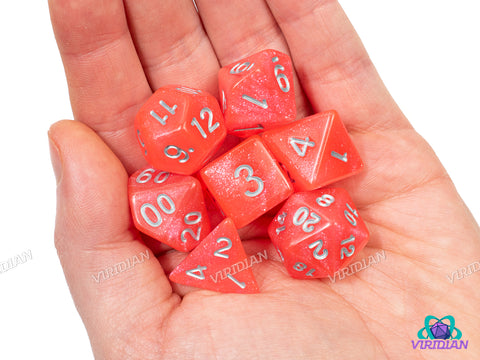 Strawberry Desire | Glittery Neon Red-Pink, Pearled, Blacklight Reactive | Acrylic Dice Set (7)