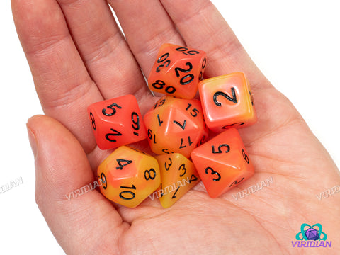 Sun Flare (Glow In The Dark) | Red-Orange & Green Swirls | Acrylic Dice Set (7)