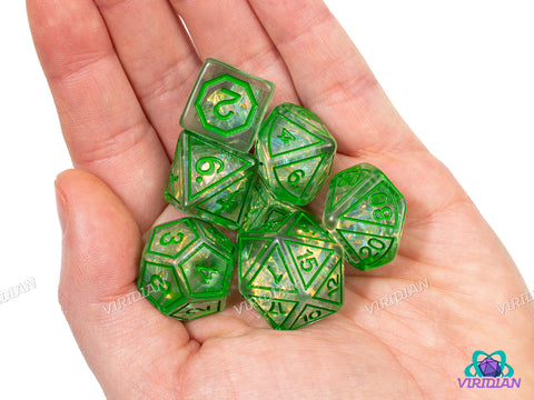 Green Magic Stone | Light Green Translucent, Frame Design, Holographic Film | Resin Dice Set (7)