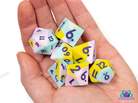 Pastel Daydream (Silicone) | Light Blue, Pink, Yellow, & White Swirled, Sharp Edge, Bouncy, Rubber-like | Large Silicone Dice Set (7)