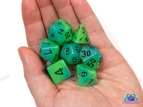 Bioluminescent Bay (Glow in the Dark) | Neon Green & Blue Swirls | Acrylic Dice Set (7)