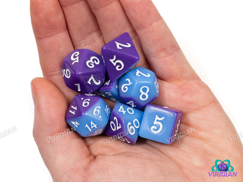 Magician's Twilight | Half Purple, Half Light Slate Blue, White Script Font | Acrylic Dice Set (7)