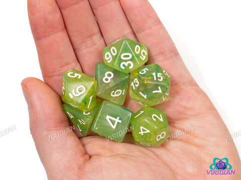 Lush Wind | Nebulous Light Green & Light Yellow Smoke Swirls | Acrylic Dice Set (7)