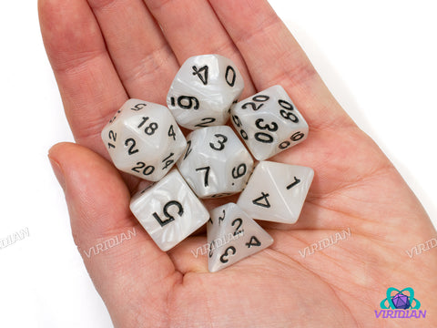 Classic Pearled | Pearled Silver-White Swirled, Black Ink | Acrylic Dice Set (7)