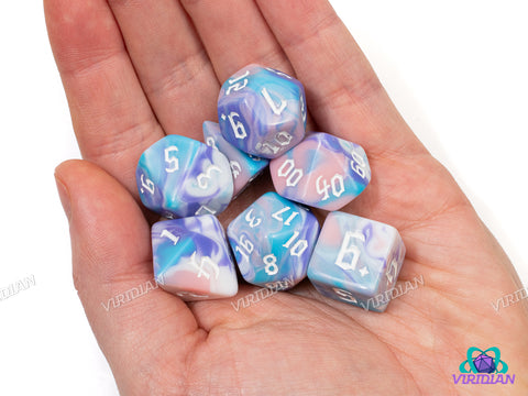 Fairy Floss Redux | Pastel Pink, Blue, Purple, & White Swirled | Acrylic Dice Set (7)