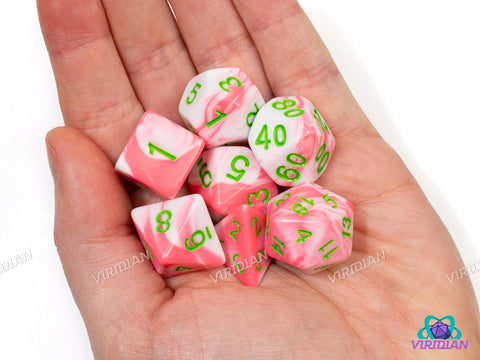 Watermelon Taffy | Bright Pink & White Swirl, Green Ink | Acrylic Dice Set (7)