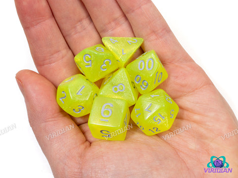 Sparkling Banana | Glittery Neon Yellow-Green, Silver Ink | Acrylic Dice Set (7)