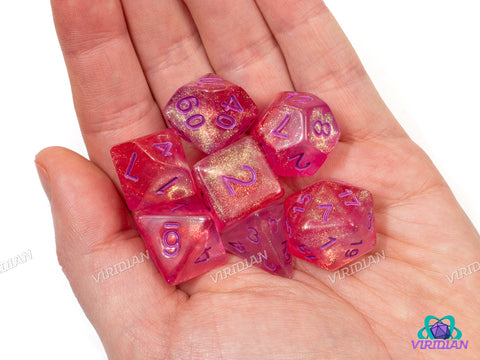 Cheshire | Pink, Orange, Gold Glitter, Purple Font | Acrylic Dice Set (7)