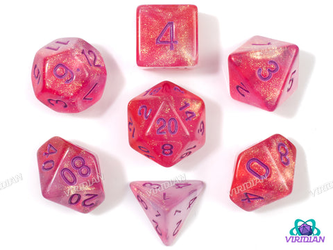 Cheshire | Pink, Orange, Gold Glitter, Purple Font | Acrylic Dice Set (7)