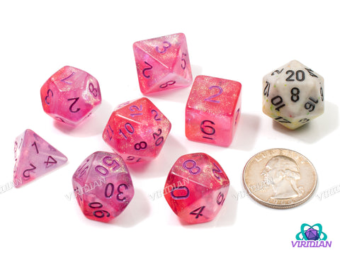 Cheshire | Pink, Orange, Gold Glitter, Purple Font | Acrylic Dice Set (7)