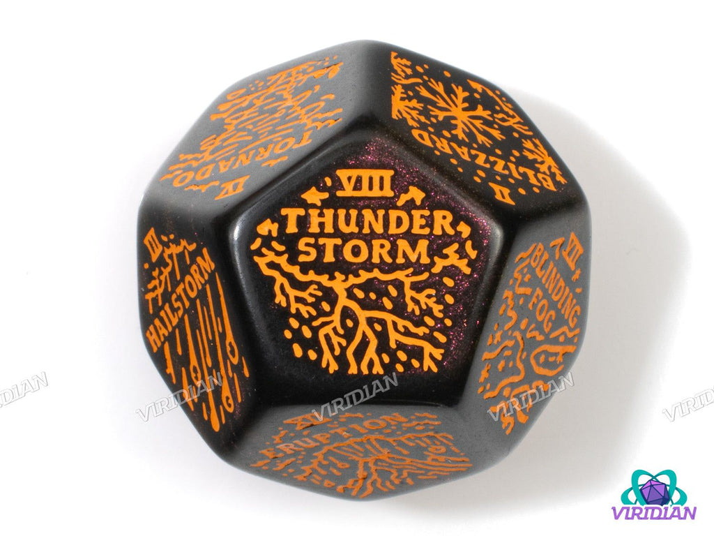 Black and orange glitter Weather: Severe Generator Die showing 'Thunderstorm' face, specialty D12 for D&D and storytelling games.