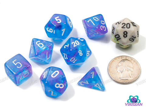 Nebula Aura Luminary Polyhedral Set | Translucent Blue, Purple, Pink Swirls, White Ink | Acrylic Polyhedral Set (7) | Chessex