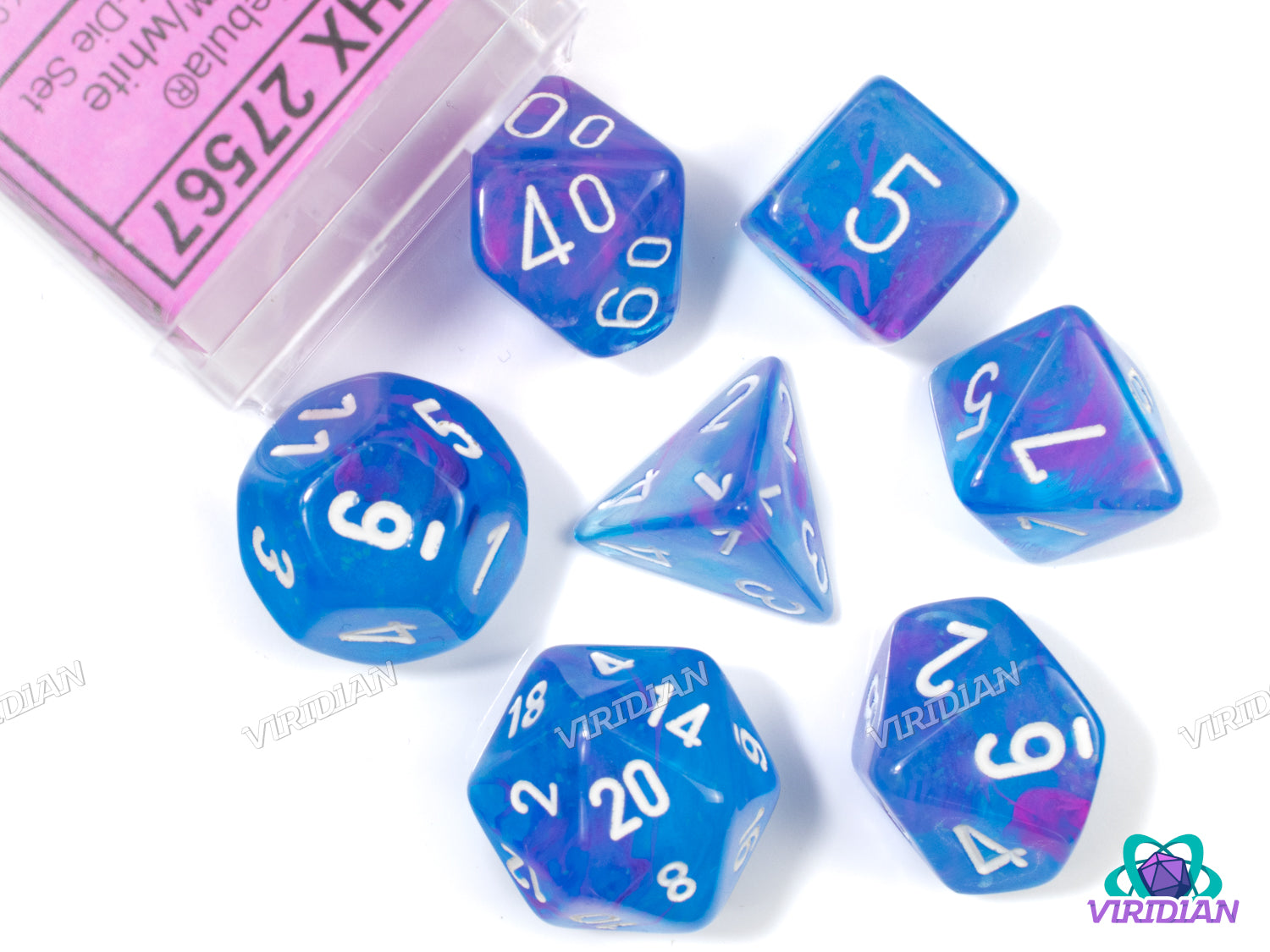 Nebula Aura Luminary Polyhedral Set | Translucent Blue, Purple, Pink Swirls, White Ink | Acrylic Polyhedral Set (7) | Chessex