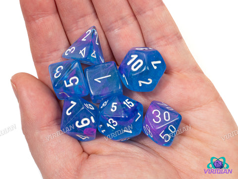 Nebula Aura Luminary Polyhedral Set | Translucent Blue, Purple, Pink Swirls, White Ink | Acrylic Polyhedral Set (7) | Chessex