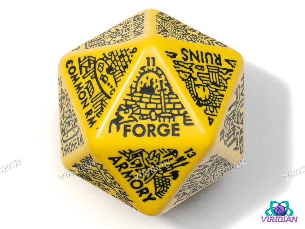 Yellow acrylic D20 Dungeon Room Generator Die with engraved labels like Forge, Armory, and Common Room for tabletop RPGs.