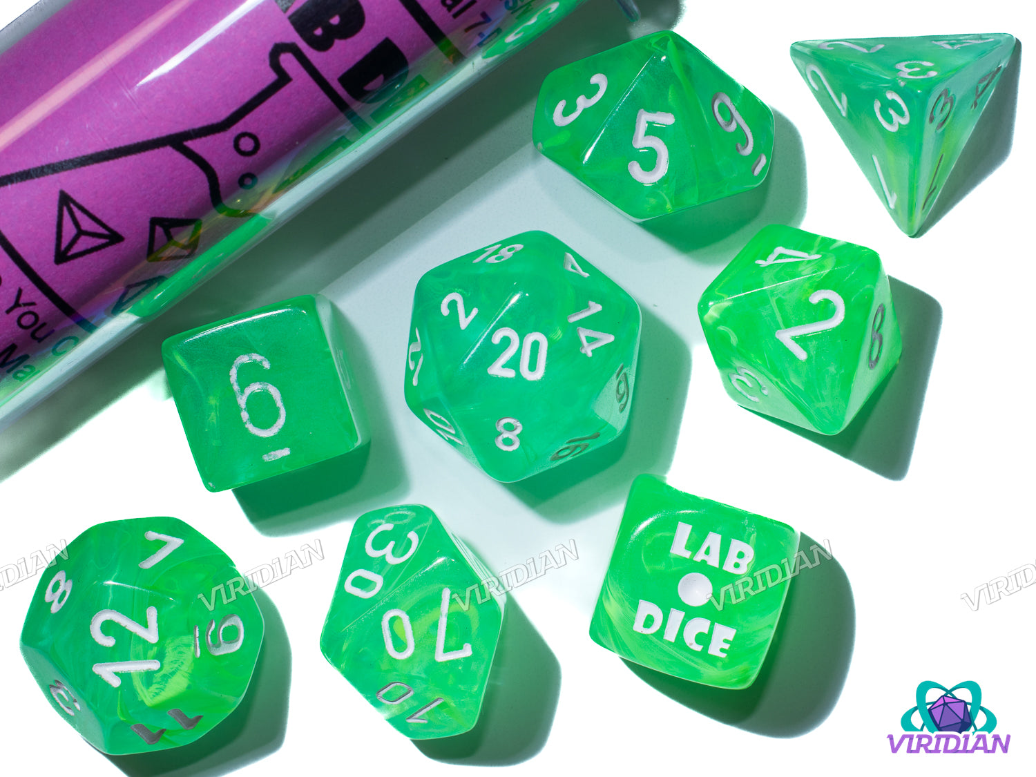 Nebula Gelatinous with White | Neon Green Swirls | Lab 9 (July 2025) | Chessex Dice Set (7+1 Bonus Die)