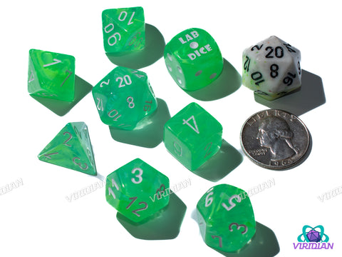 Nebula Gelatinous with White | Neon Green Swirls | Lab 9 (July 2025) | Chessex Dice Set (7+1 Bonus Die)