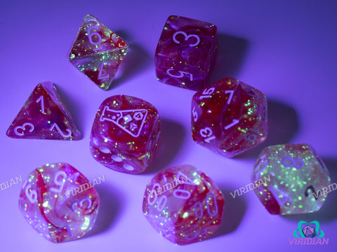 Borealis Passion with White | Red & Transparent Swirls | Lab 9 (July 2025) | Chessex Dice Set (7+1 Bonus Die)
