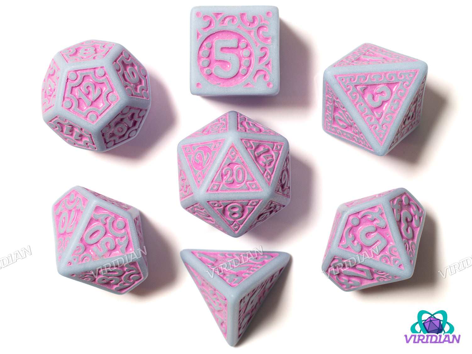 The Worst Dice Set | Light Blue and Pink, Tux's Favorite Set, Baroque Design, Awful, Joke Set | Acrylic Polyhedral Dice Set (7)