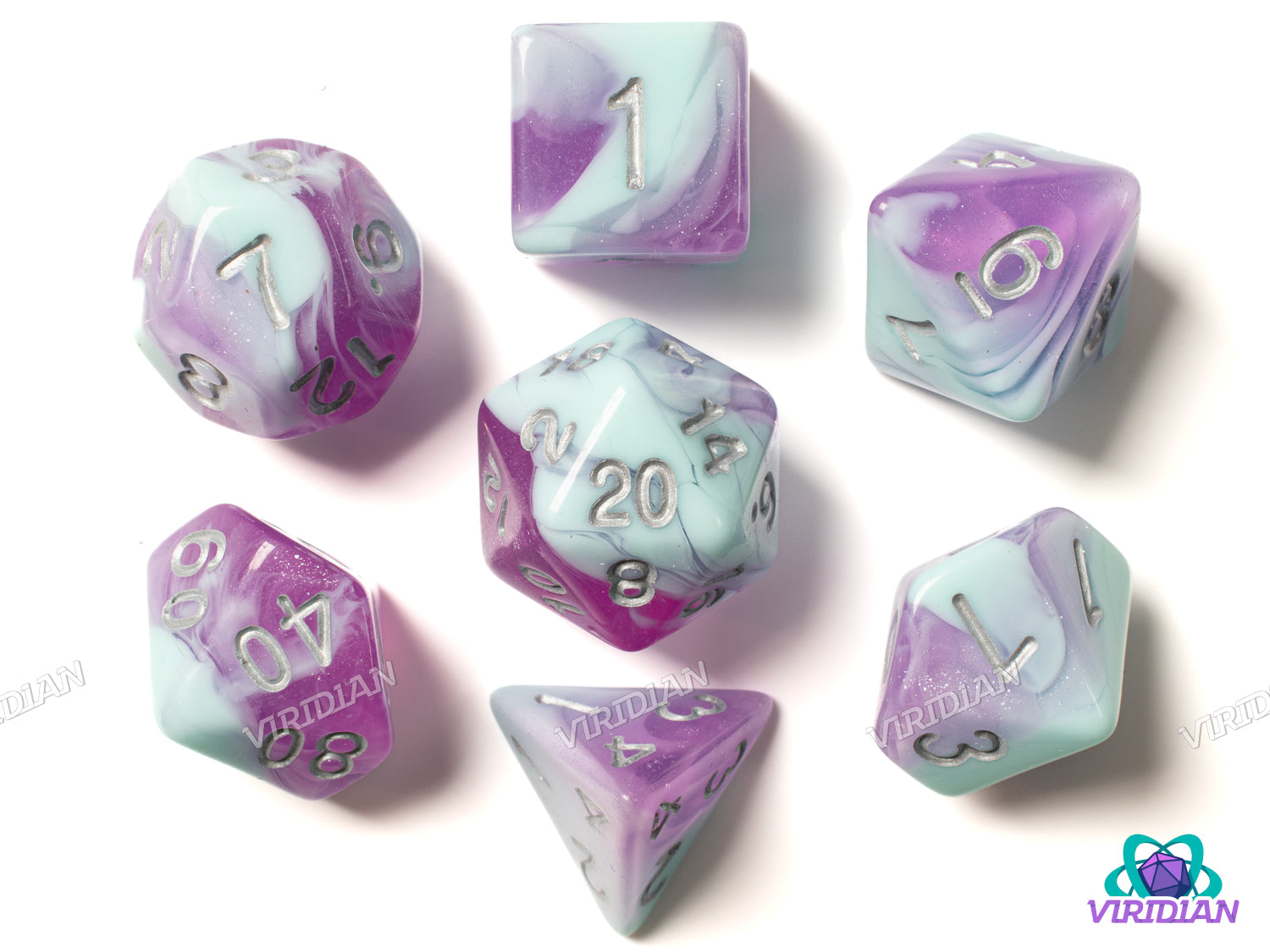 Frost Maiden | Light Blue and Translucent Purple Swirls, Silver Ink | Polyhedral Dice Set (7)