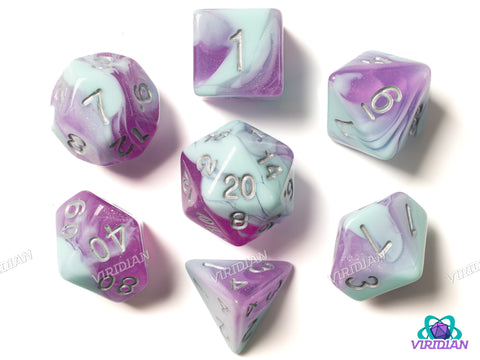 Frost Maiden | Light Blue and Translucent Purple Swirls, Silver Ink | Polyhedral Dice Set (7)