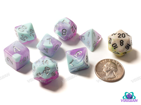 Frost Maiden | Light Blue and Translucent Purple Swirls, Silver Ink | Polyhedral Dice Set (7)