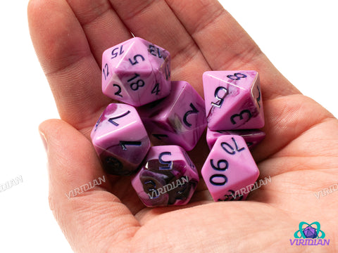 Mixed Berry | Violet and Lilac-Pink Swirls, Dark Purple Ink | Acrylic Dice Set (7)
