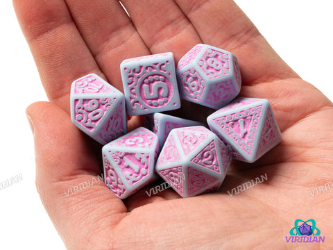 The Worst Dice Set | Light Blue and Pink, Tux's Favorite Set, Baroque Design, Awful, Joke Set | Acrylic Polyhedral Dice Set (7)