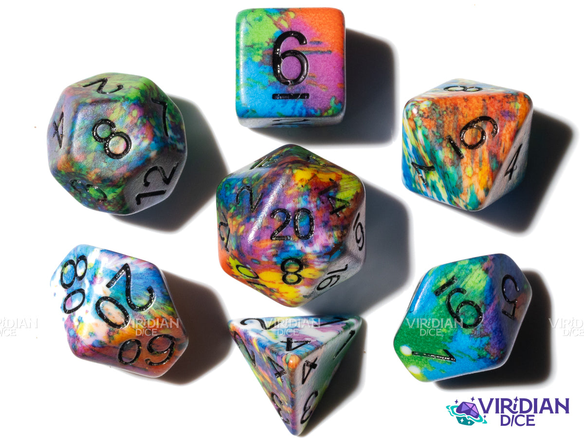 Graffiti Storm | Multicolor, Rainbow Painter Smock Splatter, Tie-Dye Pattern | Resin Dice Set (7)