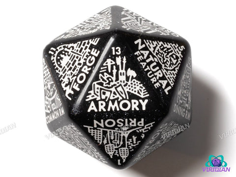 Dungeon: Room Generator Die | Create Room-Types for Castles/Hideouts/Caves/Locations, D&D Random Dice, From Ritual Chambers to Throne Rooms, Improv, 31mm | Acrylic Giant D20 (1)