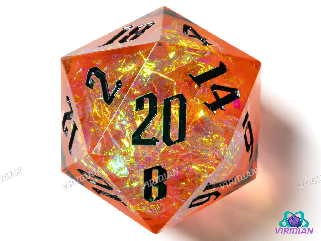 Illusion of Fire (Large D20) translucent orange resin die with holographic film, black numbers, 33mm size for tabletop games.