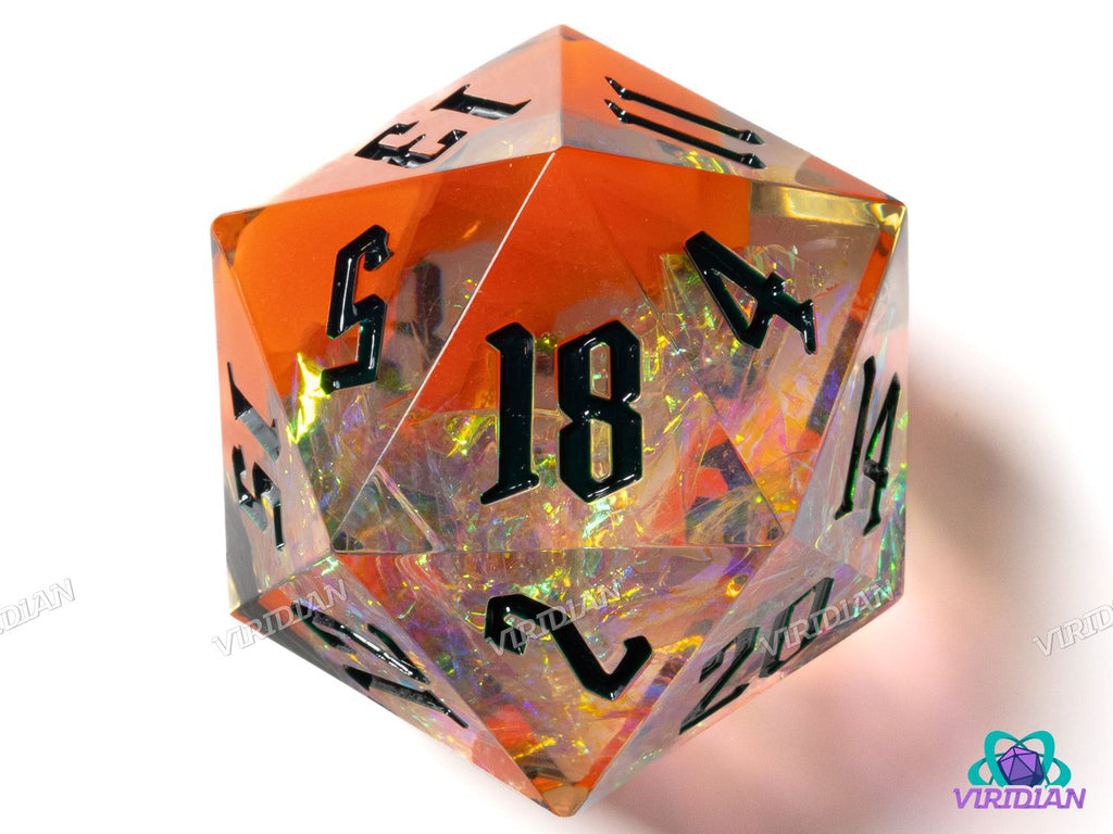 Close-up of Illusion of Fire (Large D20) showing vibrant orange resin and shimmering holographic core, ideal for RPG dice collections.