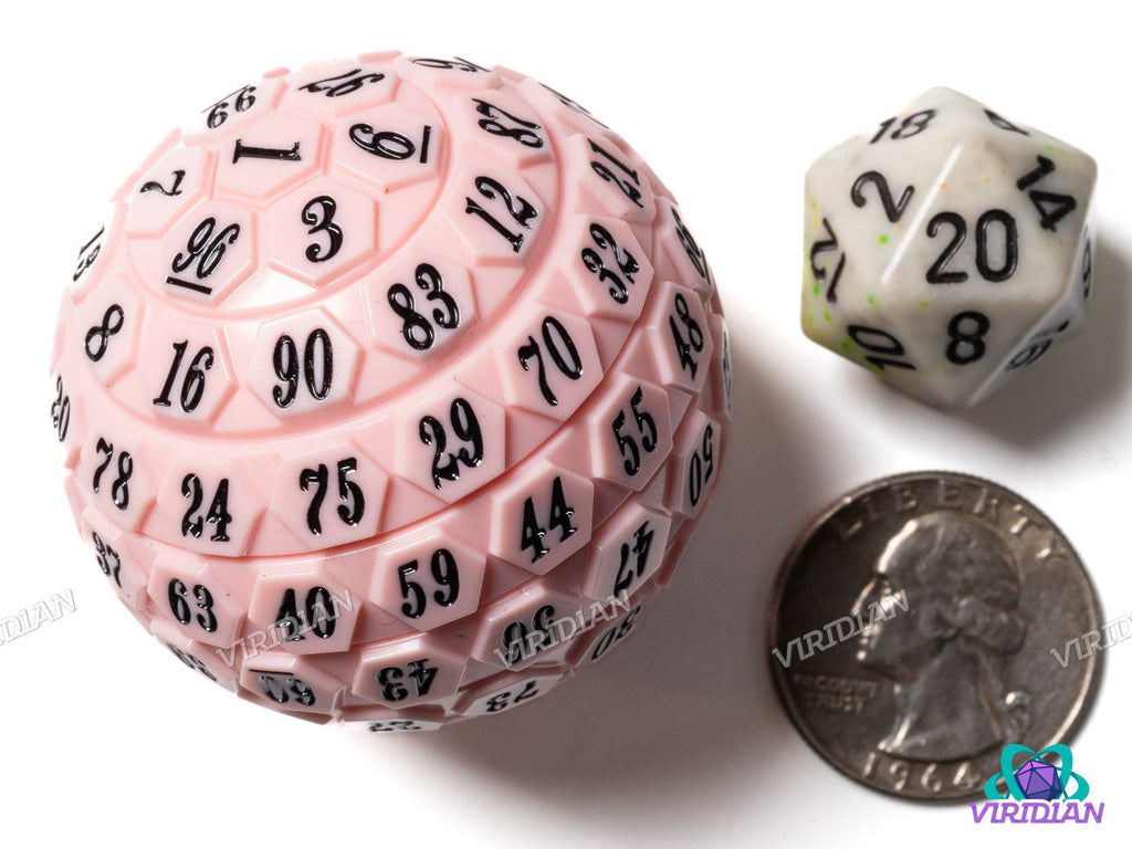 Pink & Black D100 acrylic die with black ink, 45mm size, shown next to a D20 die and US quarter for scale. Giant single die, new arrival in stock.
