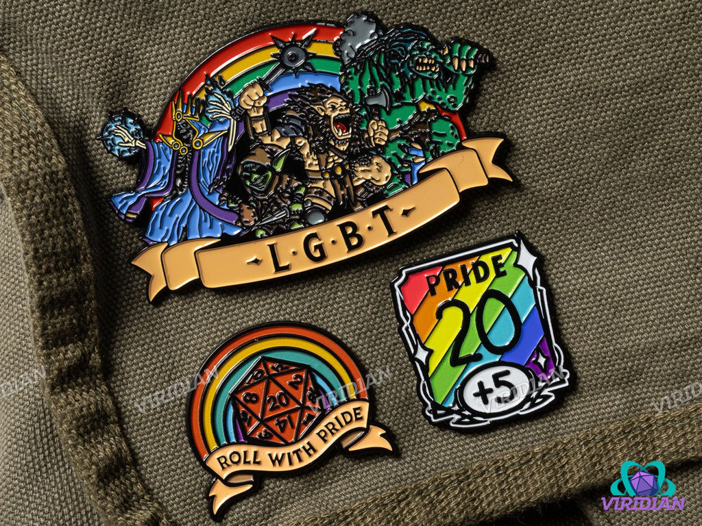 Fantasy-themed LGBT enamel pins from the Pin Pals: Pride Pack displayed on fabric, showcasing colorful D&D-style pride accessories.