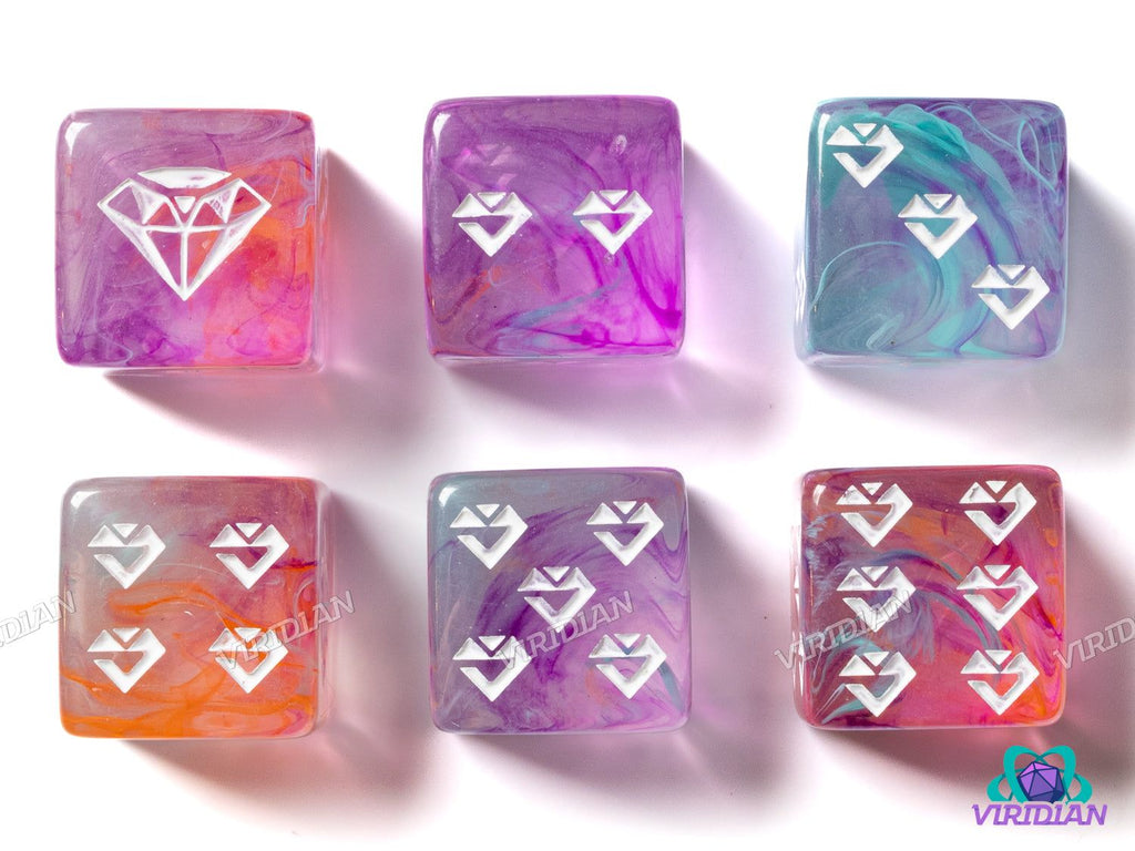 Set of 6 Multi-Colored Jewel D6 dice with translucent resin and white ink, featuring vibrant swirls in purple, orange, and teal hues.