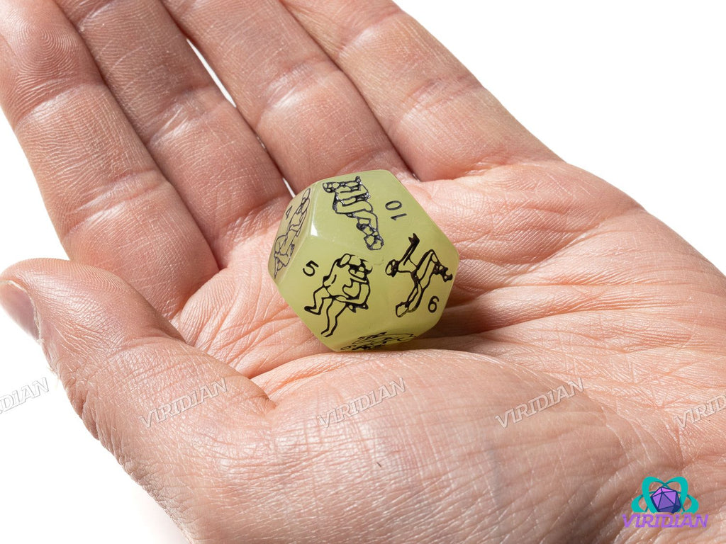 Adult Martial Arts Die (D12) shown in hand for scale, highlighting its large size and detailed adult-themed illustrations in black ink.