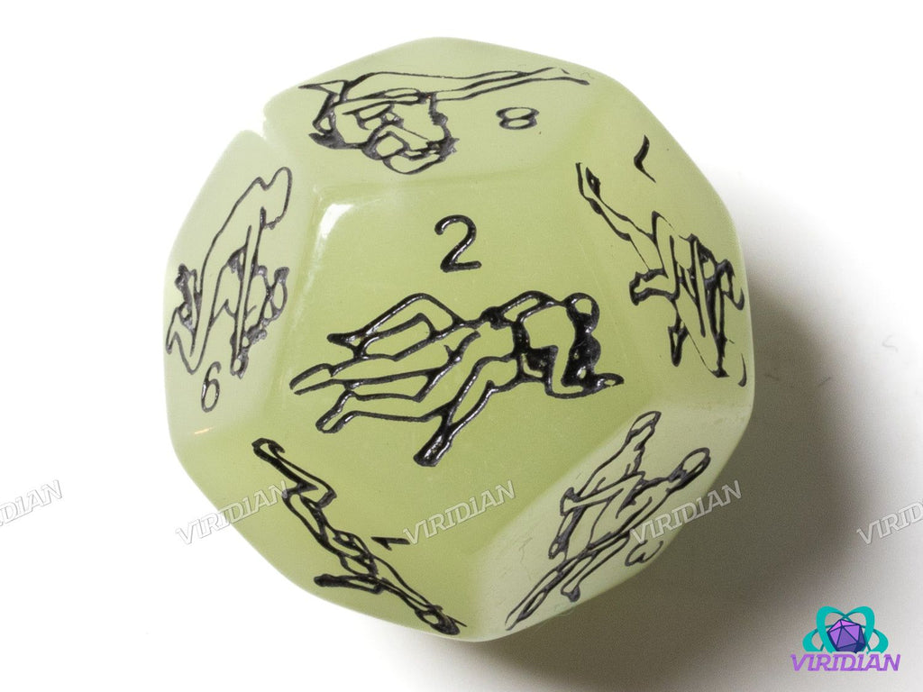 Adult Martial Arts Die (D12) featuring green resin with black inked illustrations of adult-themed martial arts poses, numbered 1 to 12.