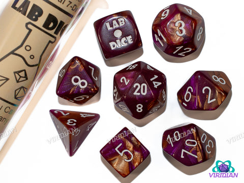Gemini Copper-Purple with White | Magenta & Brown Swirls | Lab 9 (July 2025) | Chessex Dice Set (7+1 Bonus Die)